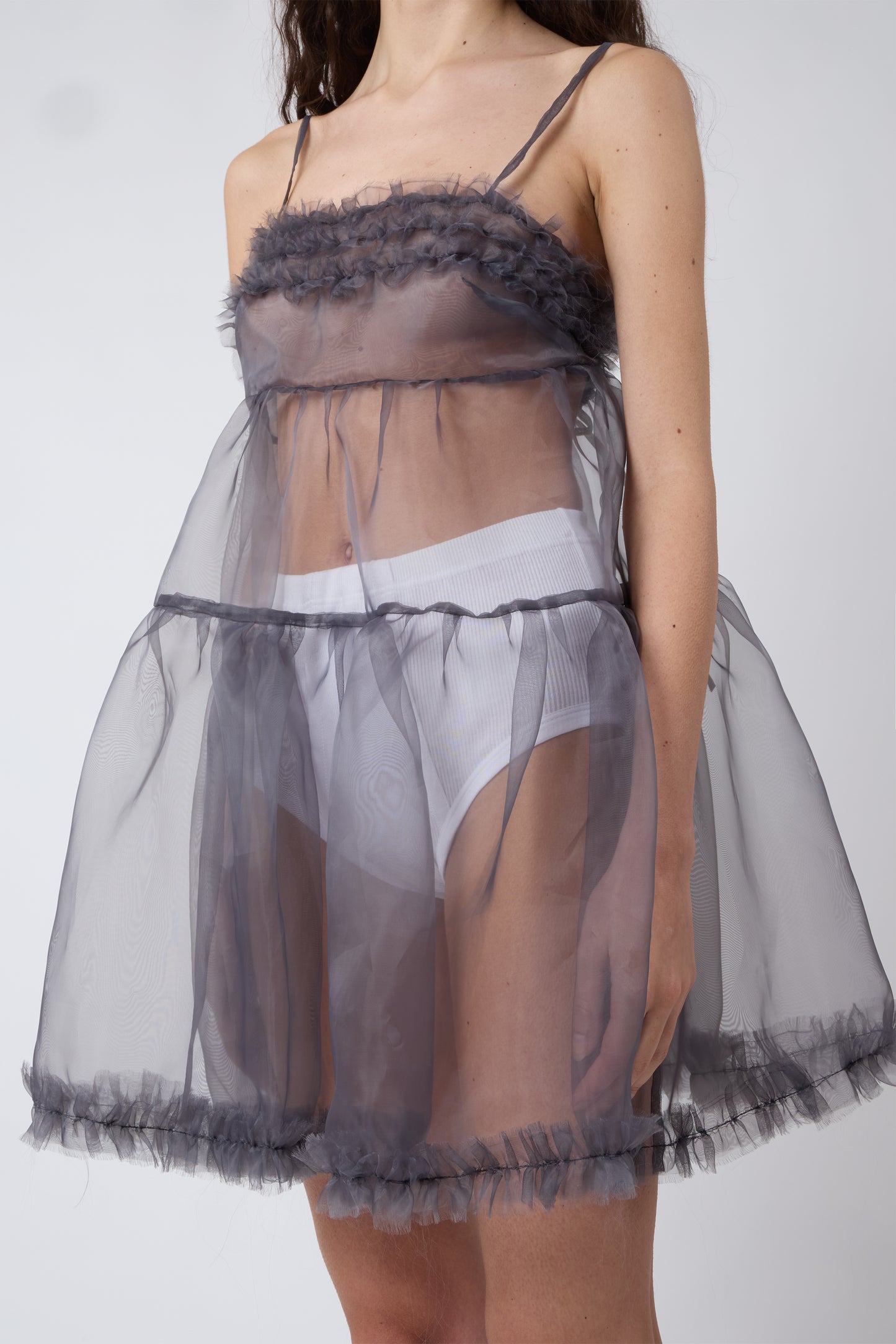 Eloise Dress in Grey Ruched Organza